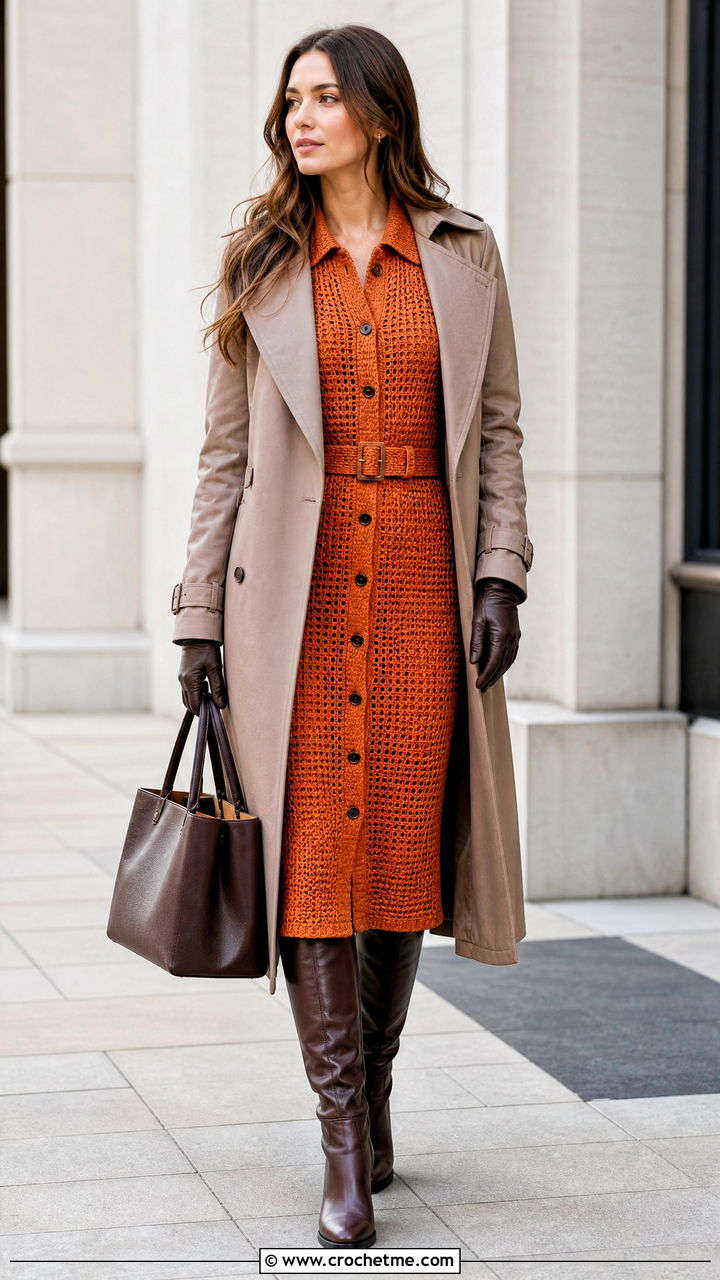Belted Shirt Crochet Winter Dress With Trench Coat - 35 crochet winter dress outfit ideas