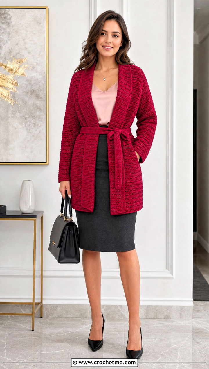 Belted Side To Side Crochet Cardigan With Pencil Skirt - 25 Side To Side Crochet Cardigan outfit ideas