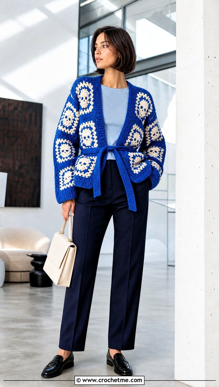 Belted Skull Granny Square Cardigan With Tailored Trousers - 30 skull granny square cardigan outfit ideas
