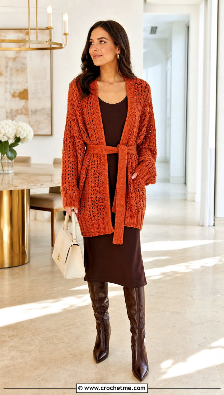 Belted Slouchy Crochet Cardigan With A Midi Dress - 25 Slouchy Crochet Cardigan outfit ideas