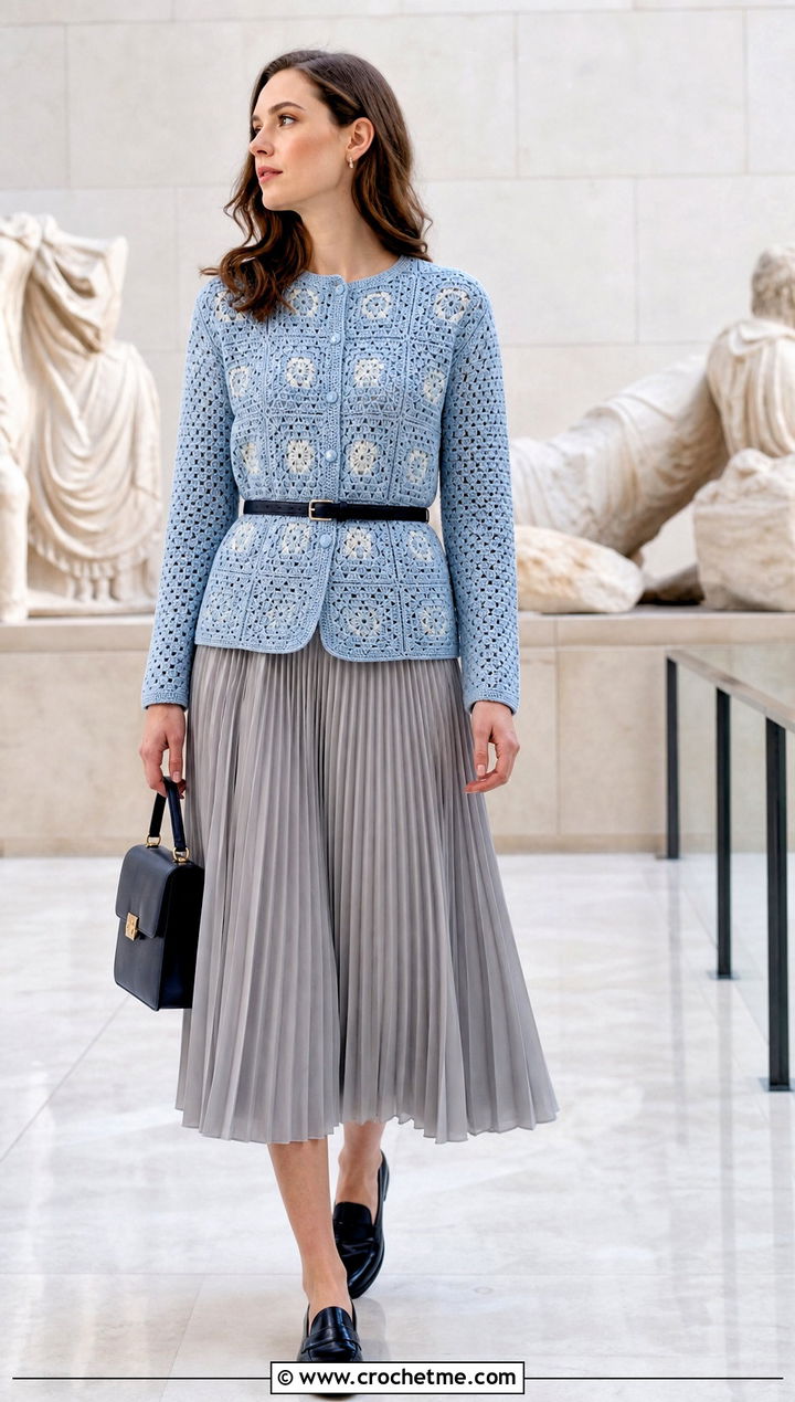 Belted Small Granny Square Cardigan With Pleated Midi Skirt - 25 Small Granny Square Cardigan outfit ideas