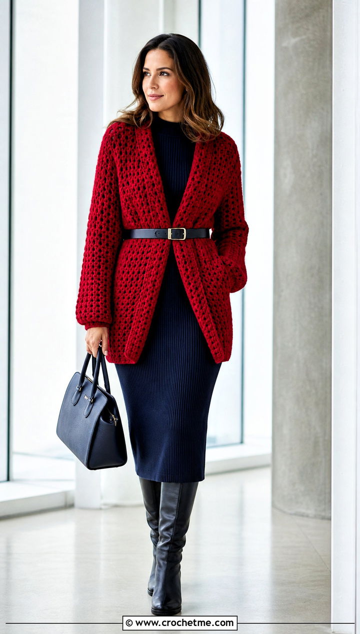 Belted Sofa Crochet Sweater With Knit Dress - 15 sofa crochet sweater outfit ideas