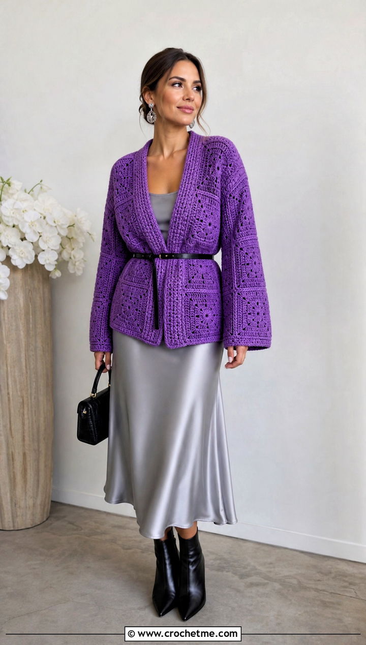 Belted Solid Granny Square Cardigan With Satin Midi Skirt - 20 Crochet Solid Granny Square Cardigan outfit ideas