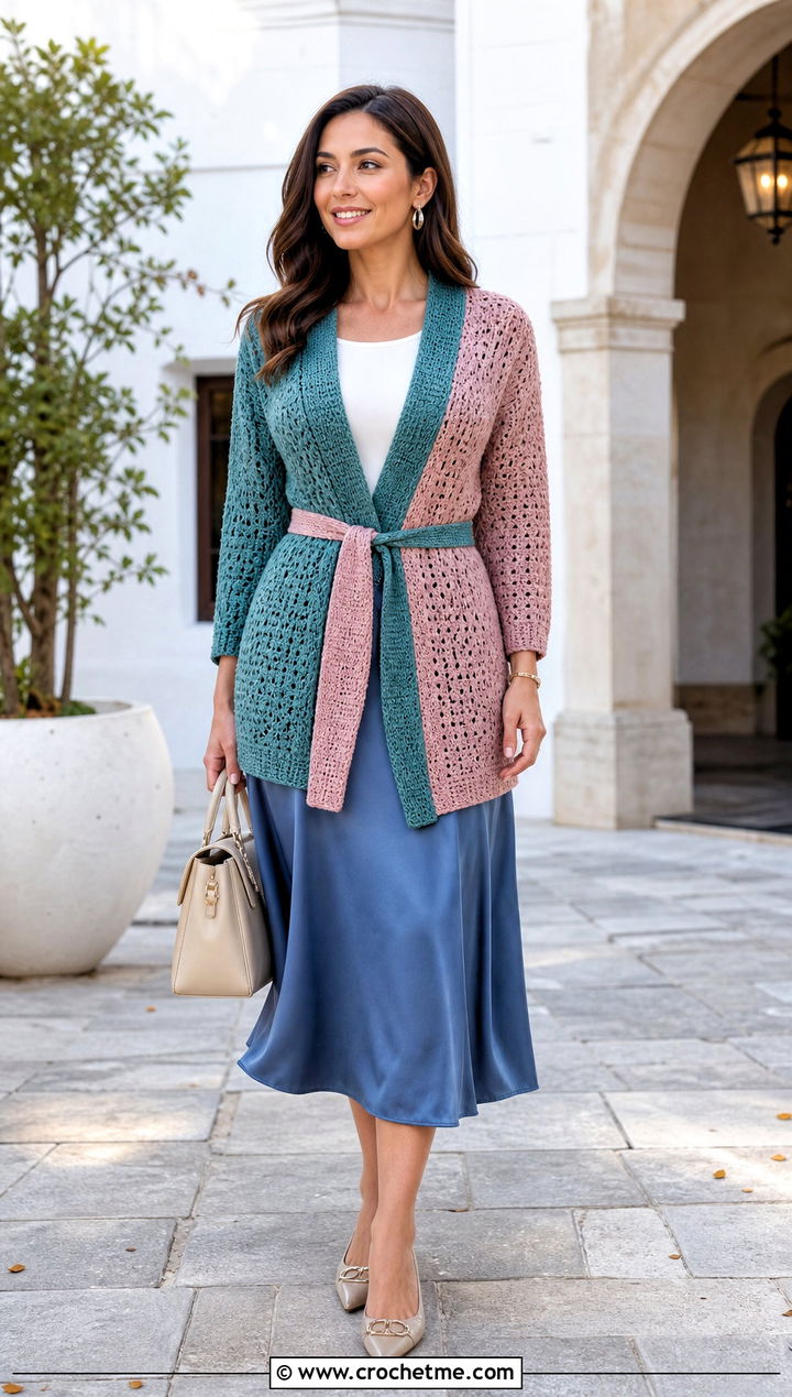 Belted Split Color Crochet Cardigan With Midi Skirt - 15 Split Color Crochet Cardigan outfit ideas
