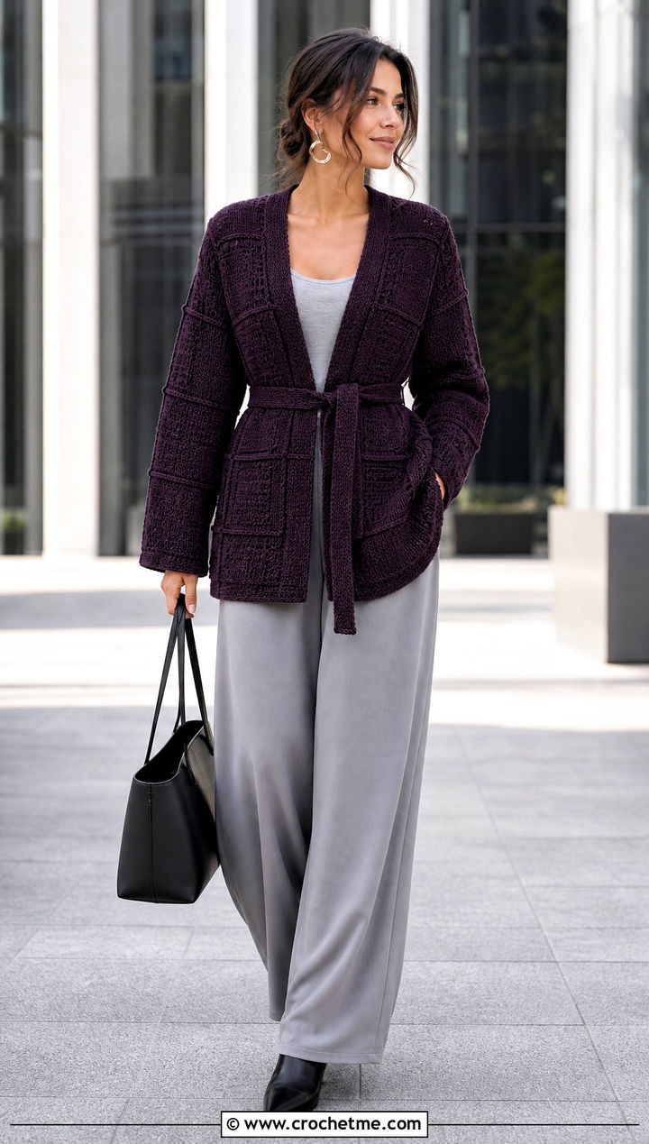 Belted Square Patch Crochet Cardigan With Wide Leg Trousers - 25 Square Patch Crochet Cardigan outfit ideas