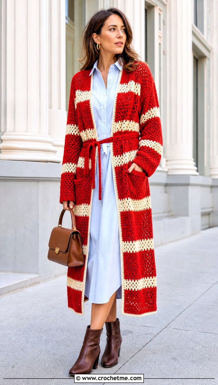 Belted Stripe Crochet Cardigan With Shirt Dress - 35 crochet striped cardigan outfit ideas