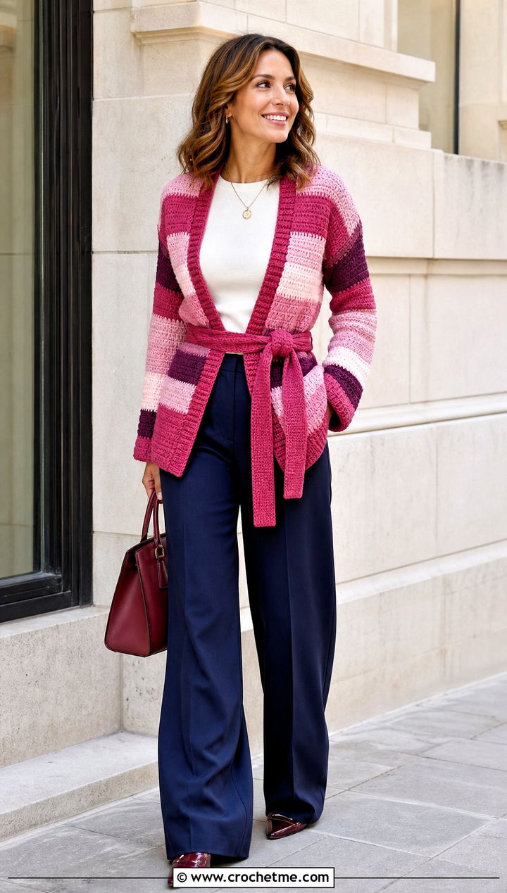Belted Stripe Crochet Cardigan With Tailored Trousers - 25 striped crochet cardigan outfit ideas