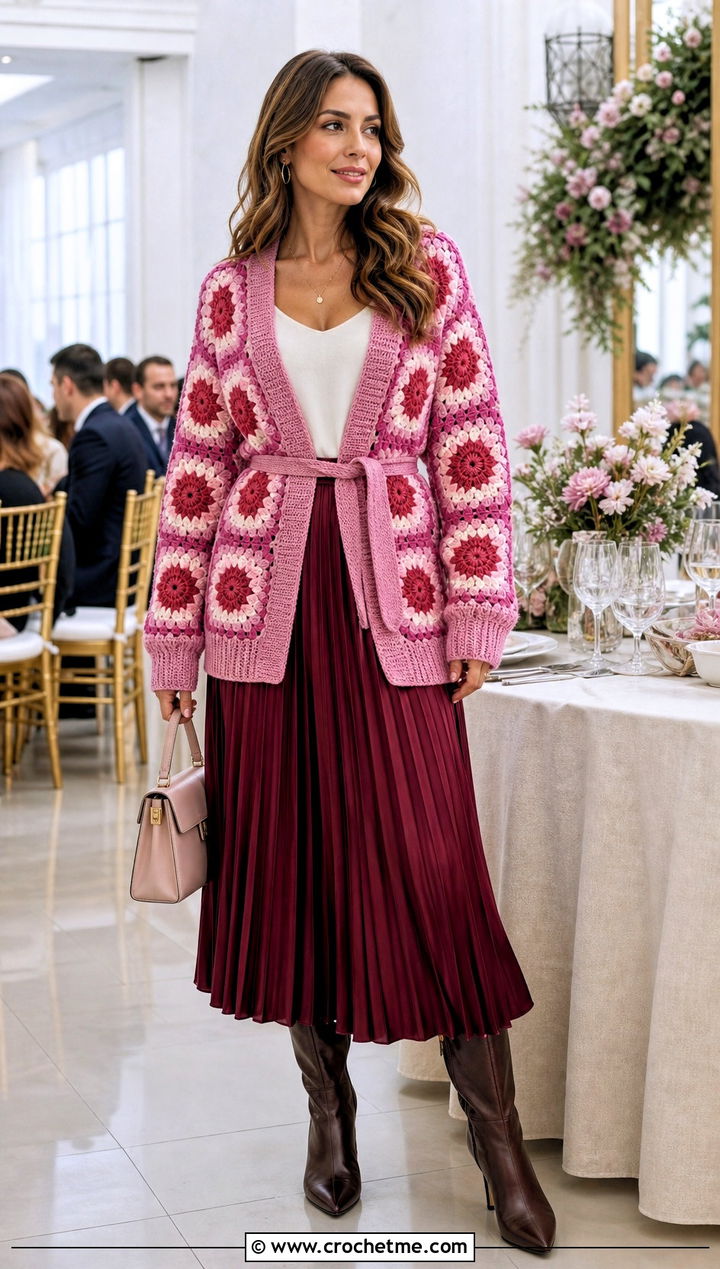 Belted Sunburst Granny Square Cardigan With Midi Skirt - 35 sunburst granny square cardigan outfit ideas