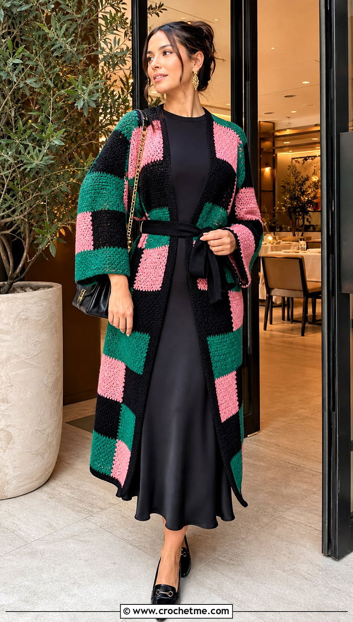 Belted Tanjiro Crochet Kimono With Satin Midi Skirt - 25 tanjiro crochet kimono outfit ideas