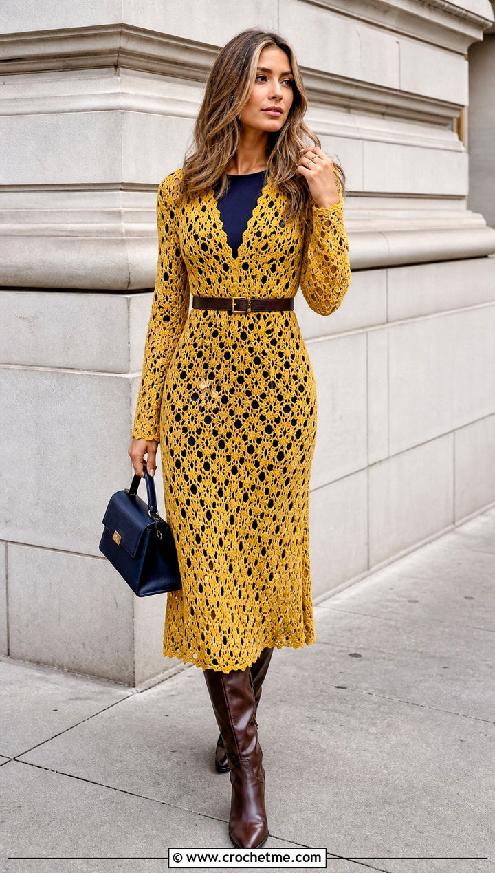 Belted Taylor Crochet Dress With Knee High Boots - 30 Taylor Crochet Dress outfit ideas