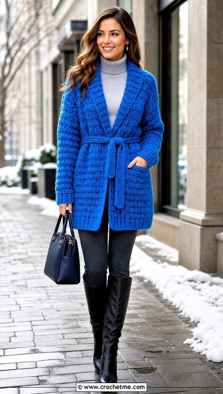 Belted Thick Yarn Crochet Cardigan With Knee High Boots - 25 Thick Yarn Crochet Cardigan outfit ideas