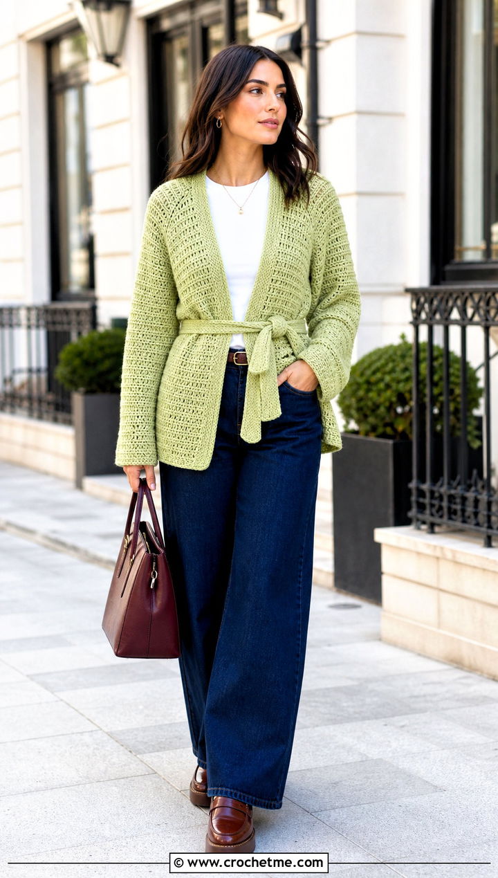 Belted Top Down Crochet Raglan Cardigan With Wide Leg Jeans - 25 top down crochet raglan cardigan outfit ideas
