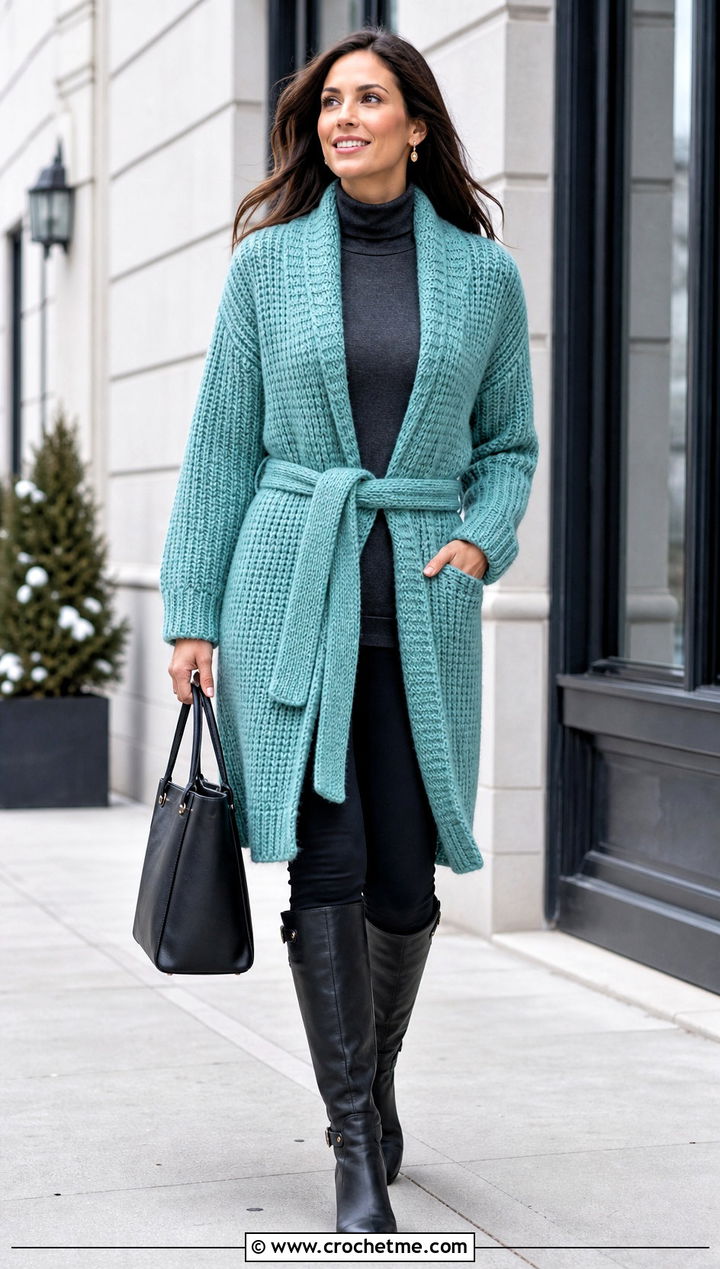 Belted Tunisian Coatigan With Turtleneck And Leggings - 35 tunisian crochet cardigan outfit ideas