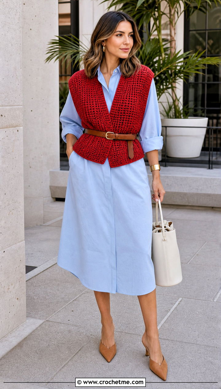 Belted Tunisian Crochet Vest With Shirt Dress - 20 Tunisian Crochet Vest outfit ideas