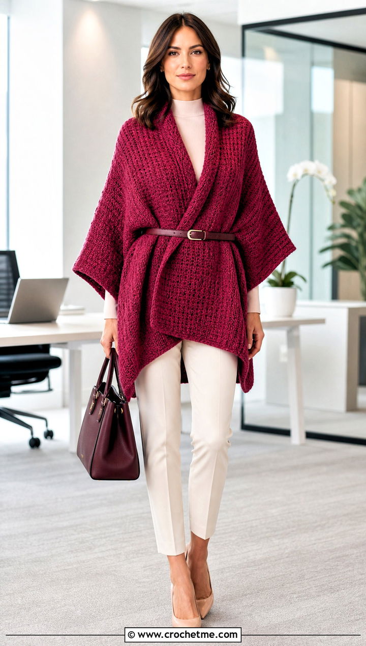Belted Tunisian Poncho With Cigarette Pants - 30 tunisian crochet poncho outfit ideas