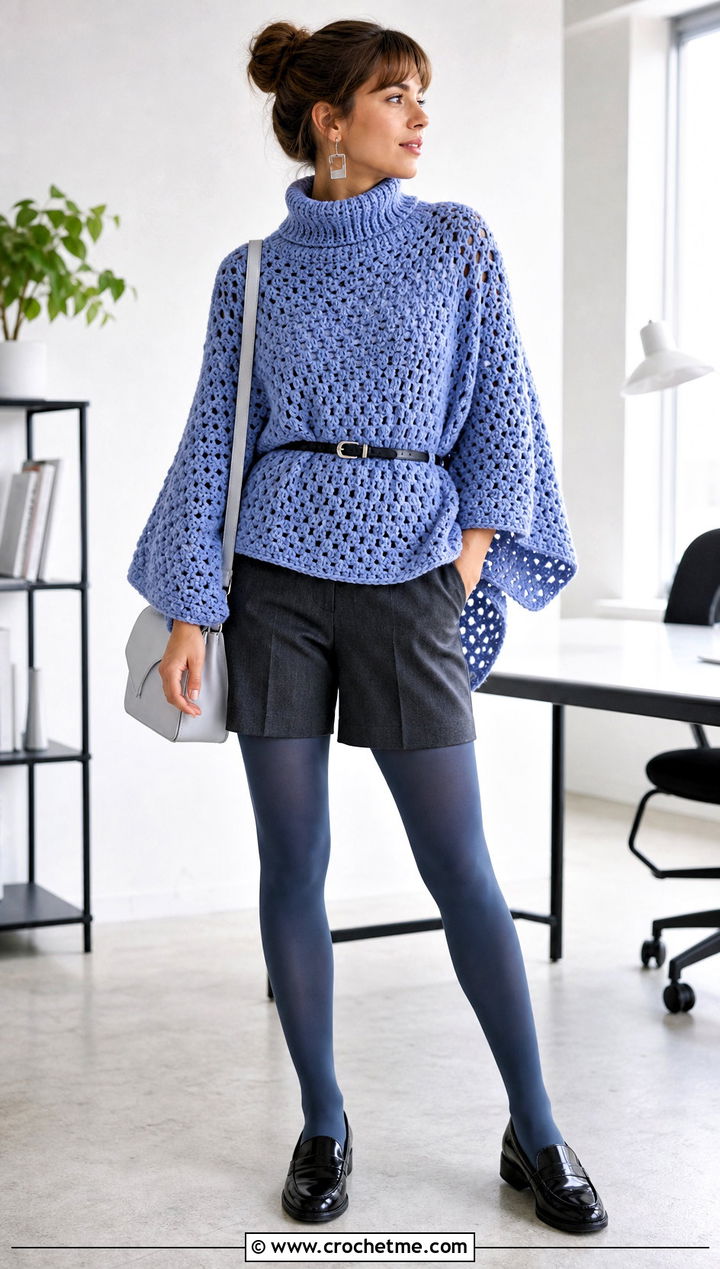 Belted Turtle Neck Crochet Poncho With Tailored Shorts - 25 Turtle Neck Crochet Poncho outfit ideas