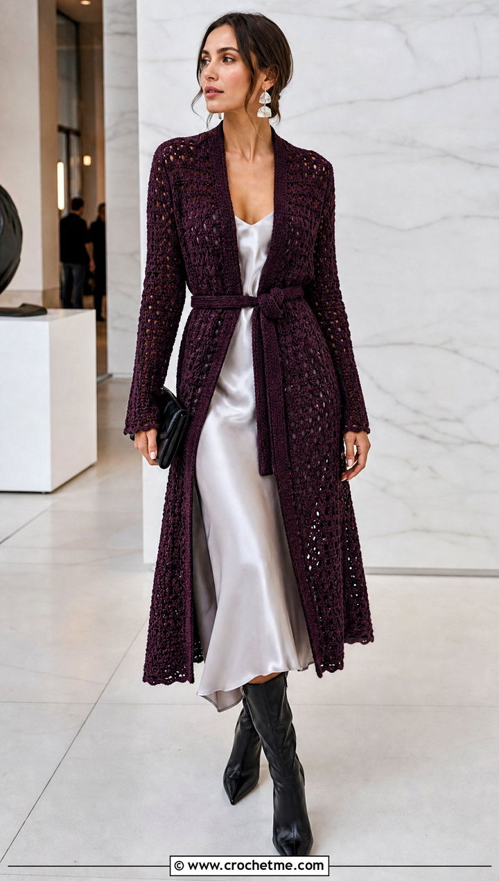 Belted Tweed Crochet Cardi With Slip Dress - 15 tweed crochet cardi outfit ideas