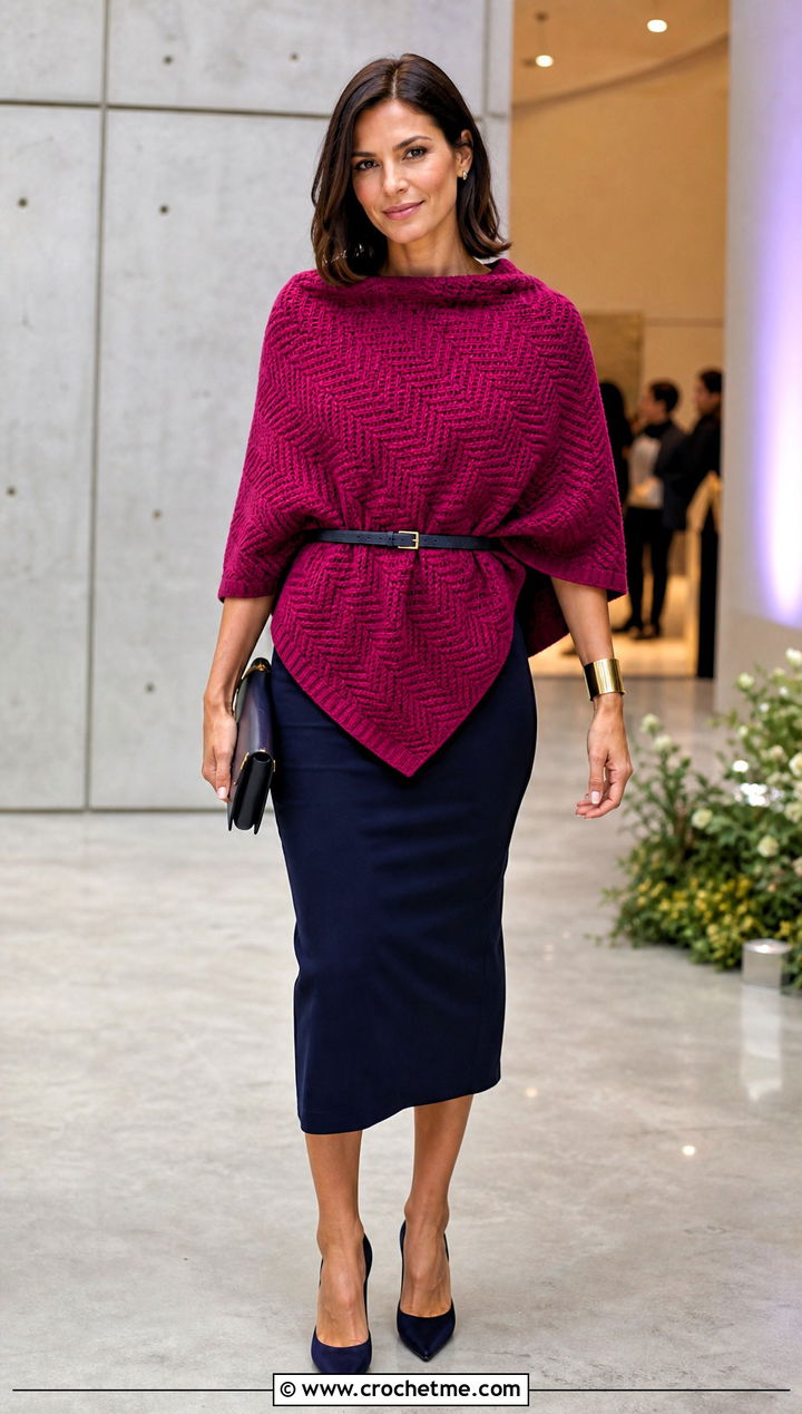Belted Uptown Crochet Poncho With Column Dress - 15 Uptown Crochet Poncho outfit ideas