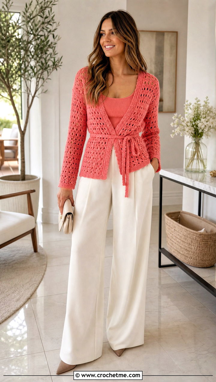 Belted V Stitch Cardigan With Wide Leg Trousers - 25 Crochet V Stitch Cardigan outfit ideas