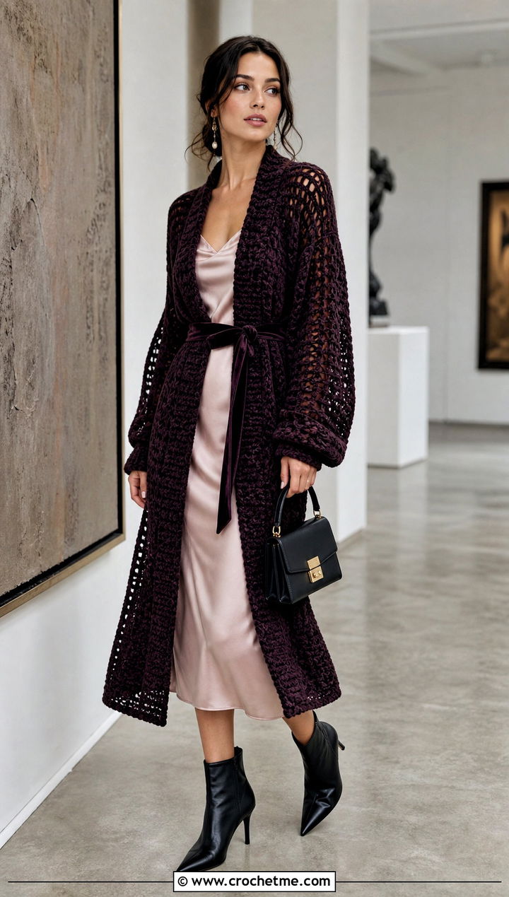 Belted Velvet Crochet Cardigan With Slip Dress - 15 velvet crochet cardigan outfit ideas