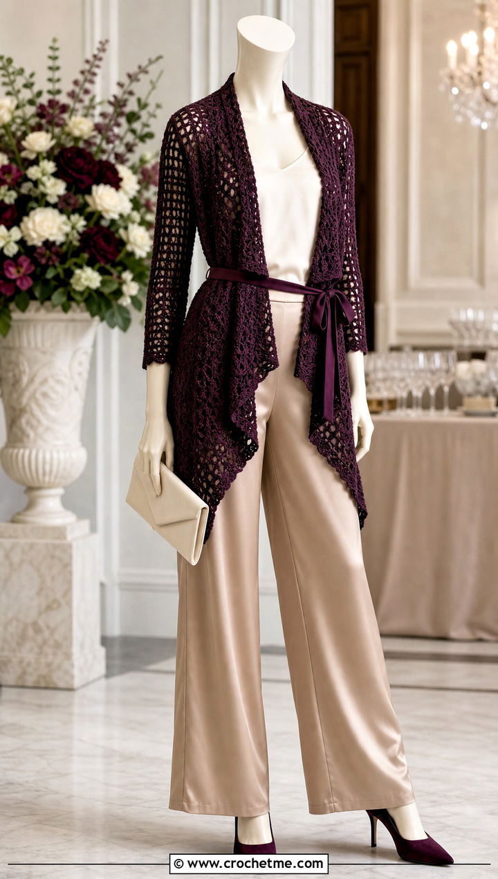 Belted Waterfall Crochet Cardigan With Satin Pants - 15 Crochet Cardigan On Mannequin outfit ideas