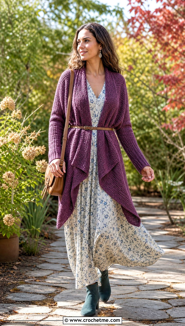 Belted Waterfall Tunisian Cardigan With Maxi Dress - 20 Crochet Tunisian Cardigan outfit ideas
