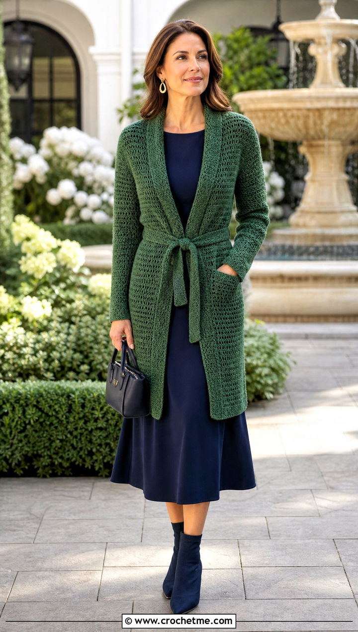 Belted Worsted Weight Crochet Cardigan With Midi Dress - 25 Worsted Weight Crochet Cardigan outfit ideas