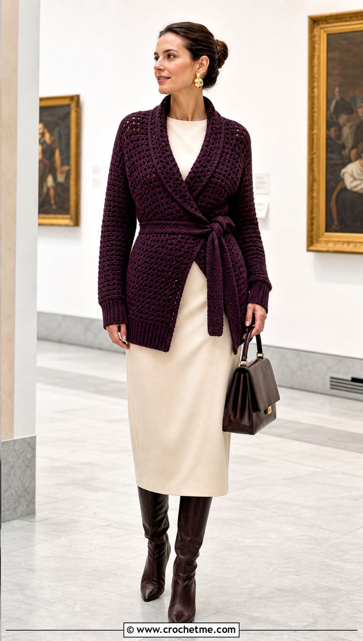 Belted Wrap Crochet Cardigan With Column Dress - 15 Autumn Crochet Cardigan Style outfit ideas