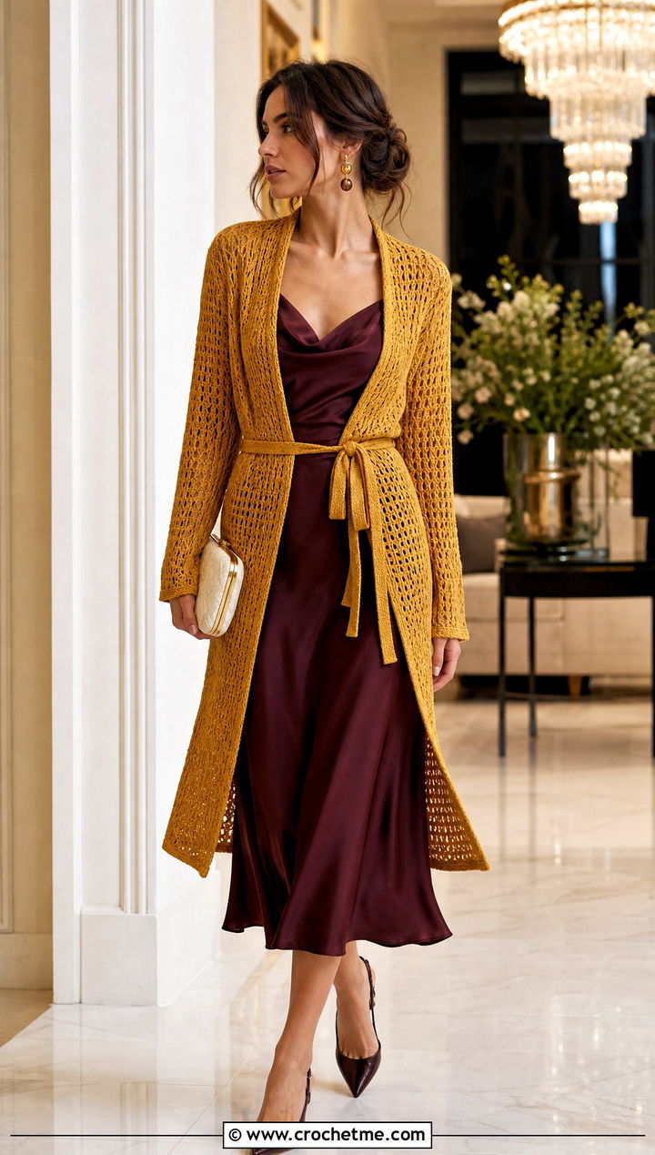 Belted Yellow Crochet Cardigan With Bias Cut Dress - 30 yellow crochet cardigan outfit ideas