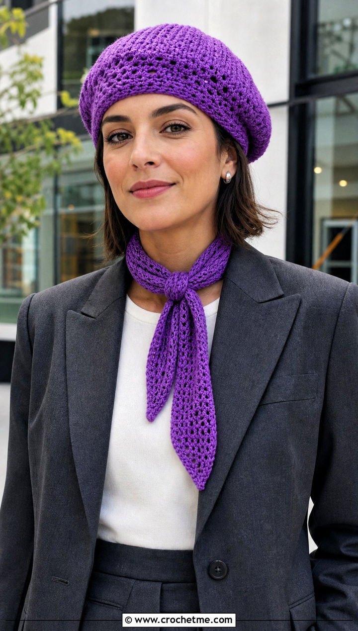 Beret And Skinny Scarf With Blazer And Trousers - 30 crochet hat and scarf outfit ideas