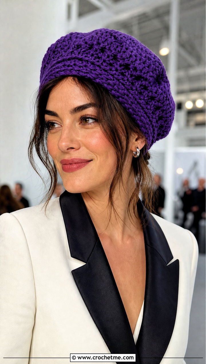 Beret Beanie Crochet Hat With Blazer Dress - 35 basic crochet beanie outfit ideas