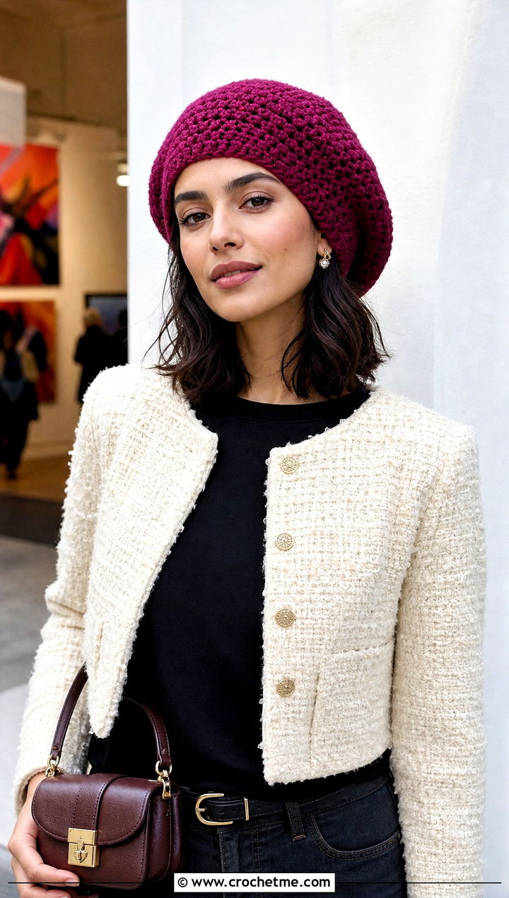 Beret Crochet Beanie With Tweed Jacket And Straight Jeans - 25 easy crochet beanies outfit ideas