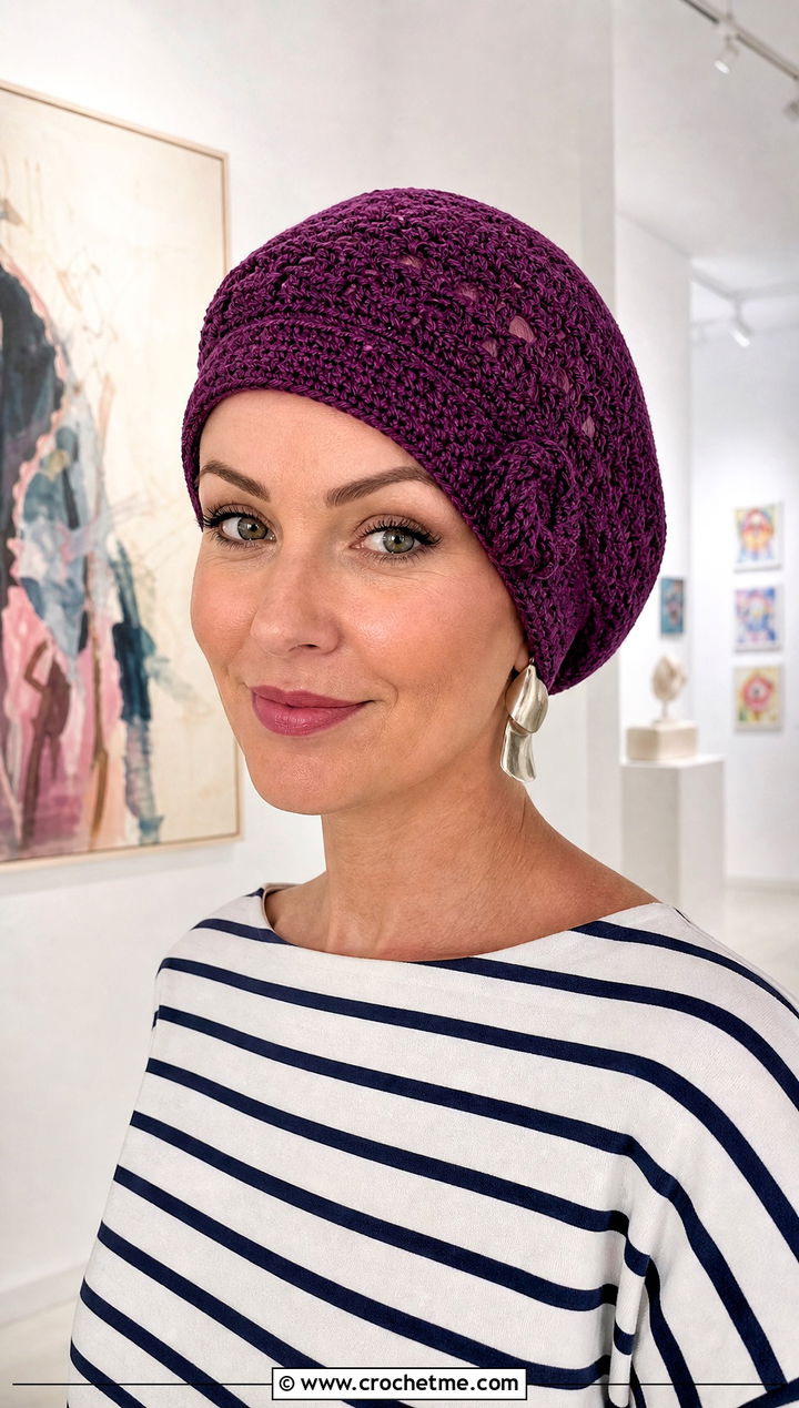Beret Crochet Chemo Cap With Striped Top And Culottes - 20 Crochet Summer Chemo Caps outfit ideas