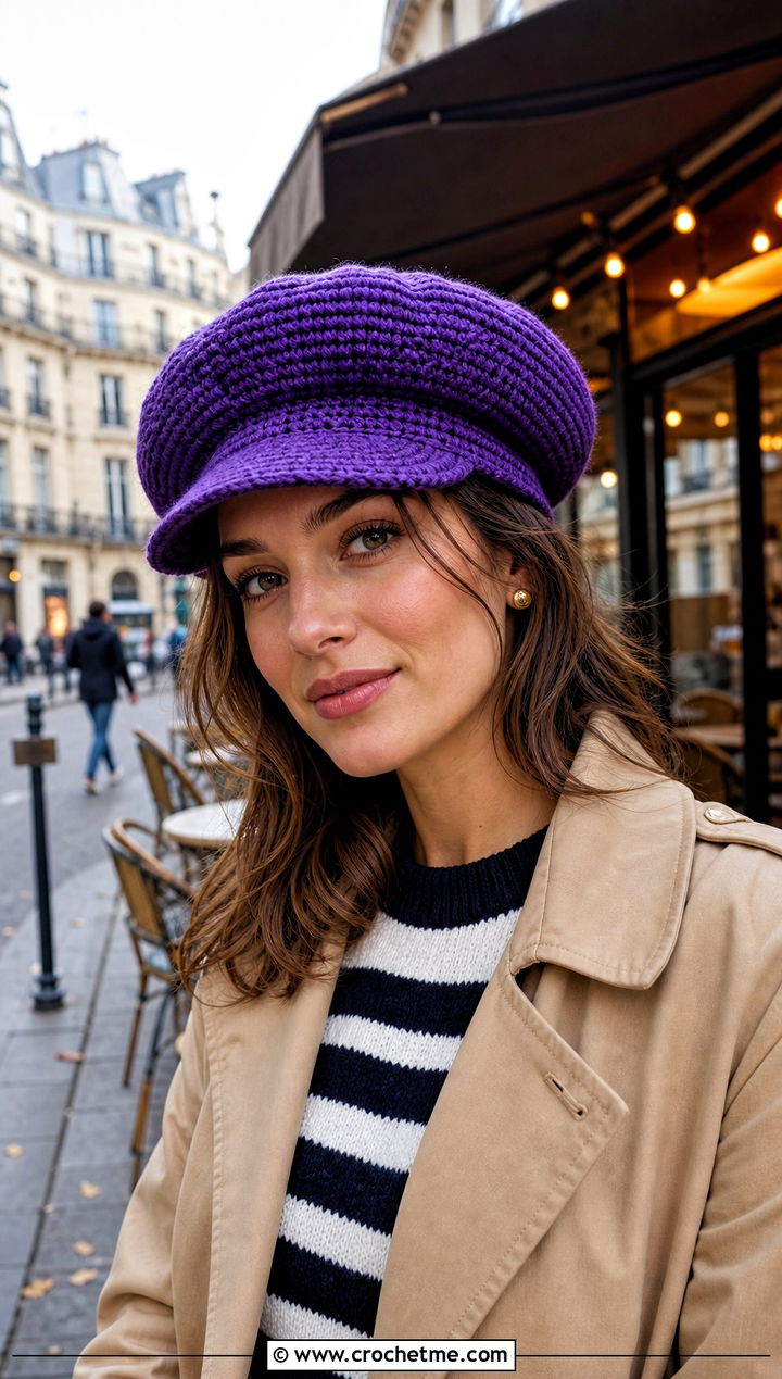Beret Crochet Police Hat With Striped Sweater And Ankle Pants - 30 crochet police hat outfit ideas