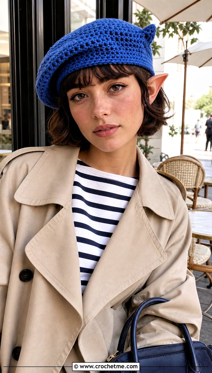 Beret Dobby Crochet Hat With Striped Tee And Cigarette Pants - 25 dobby crochet hat outfit ideas