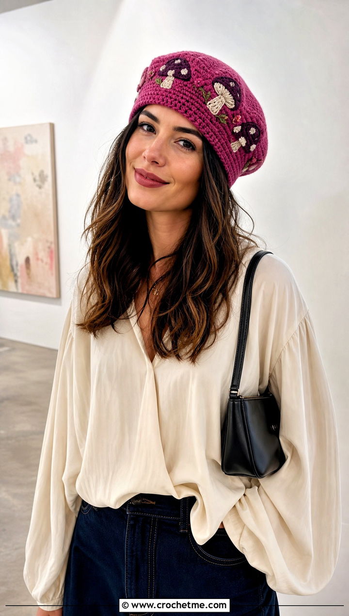 Beret Mushroom Beanie With Blouse And Wide Leg Jeans - 20 crochet mushroom beanie outfit ideas