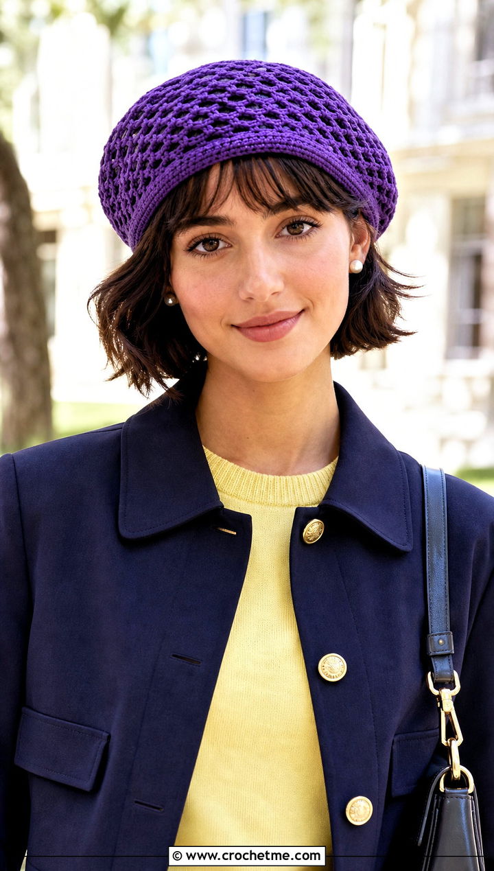 Beret Shape Crochet Mesh Beanie With Pleated Skirt - 25 crochet mesh beanie outfit ideas