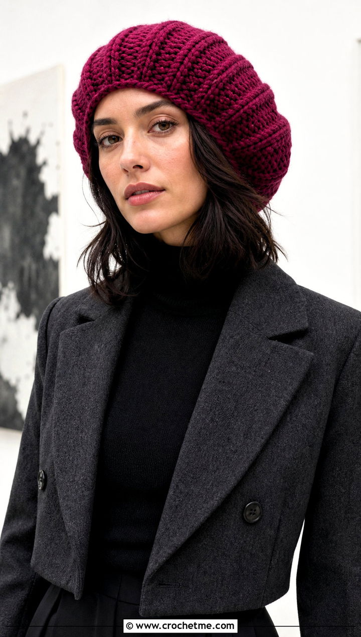 Beret Shaped Chunky Ribbed Crochet Hat With Pleated Trousers - 25 Chunky Ribbed Crochet Hat outfit ideas