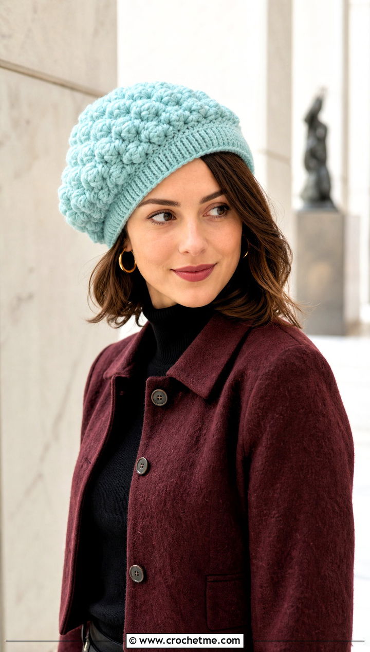 Beret Shaped Snowy Puff Crochet Hat With Midi Skirt - 15 snowy puff crochet hat outfit ideas