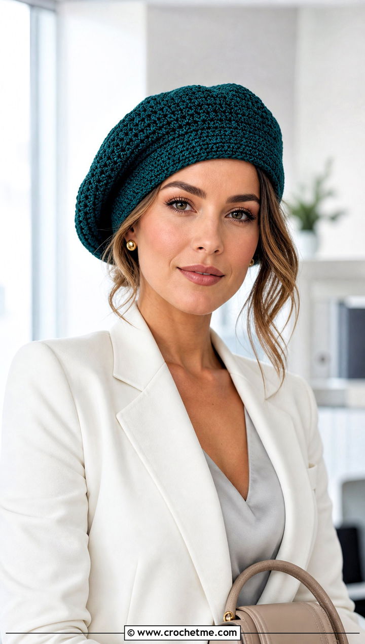 Beret Slouchy Crochet Hat With Blazer And Trousers - 15 Slouchy Crochet Hat outfit ideas