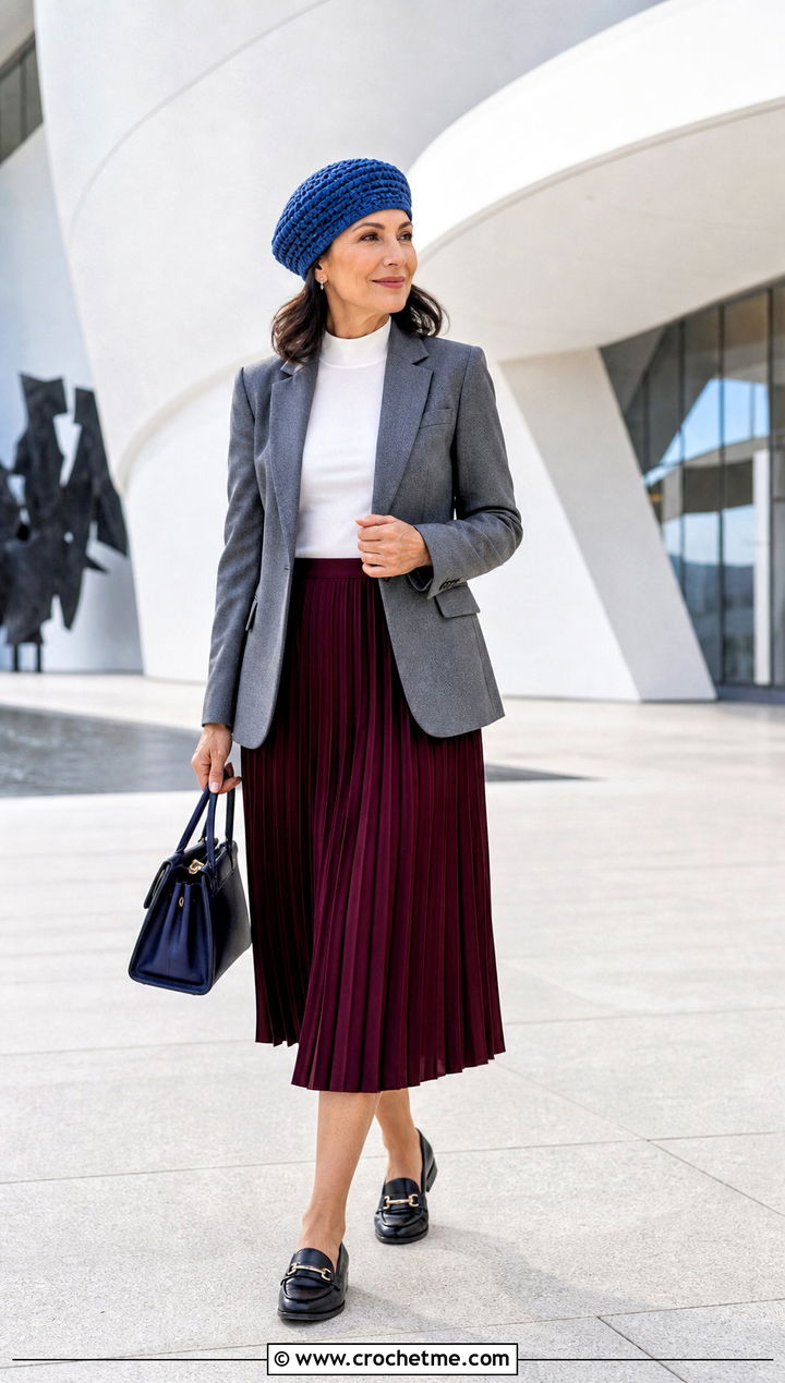 Beret Style Crochet Beanie With Blazer And Pleated Skirt - 35 simple crochet beanie outfit ideas