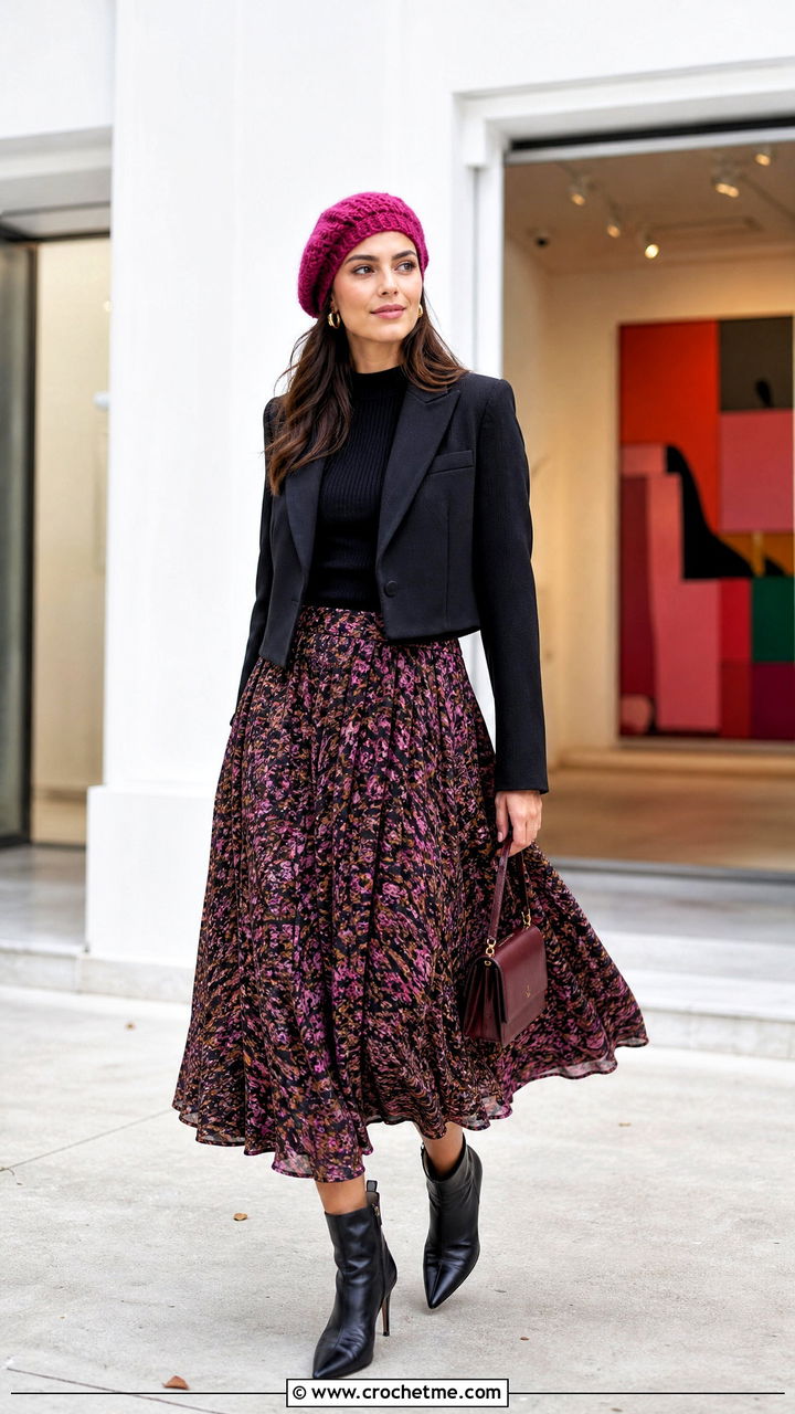 Beret Style Crochet Beanie With Midi Skirt - 35 easy crochet beanie outfit ideas