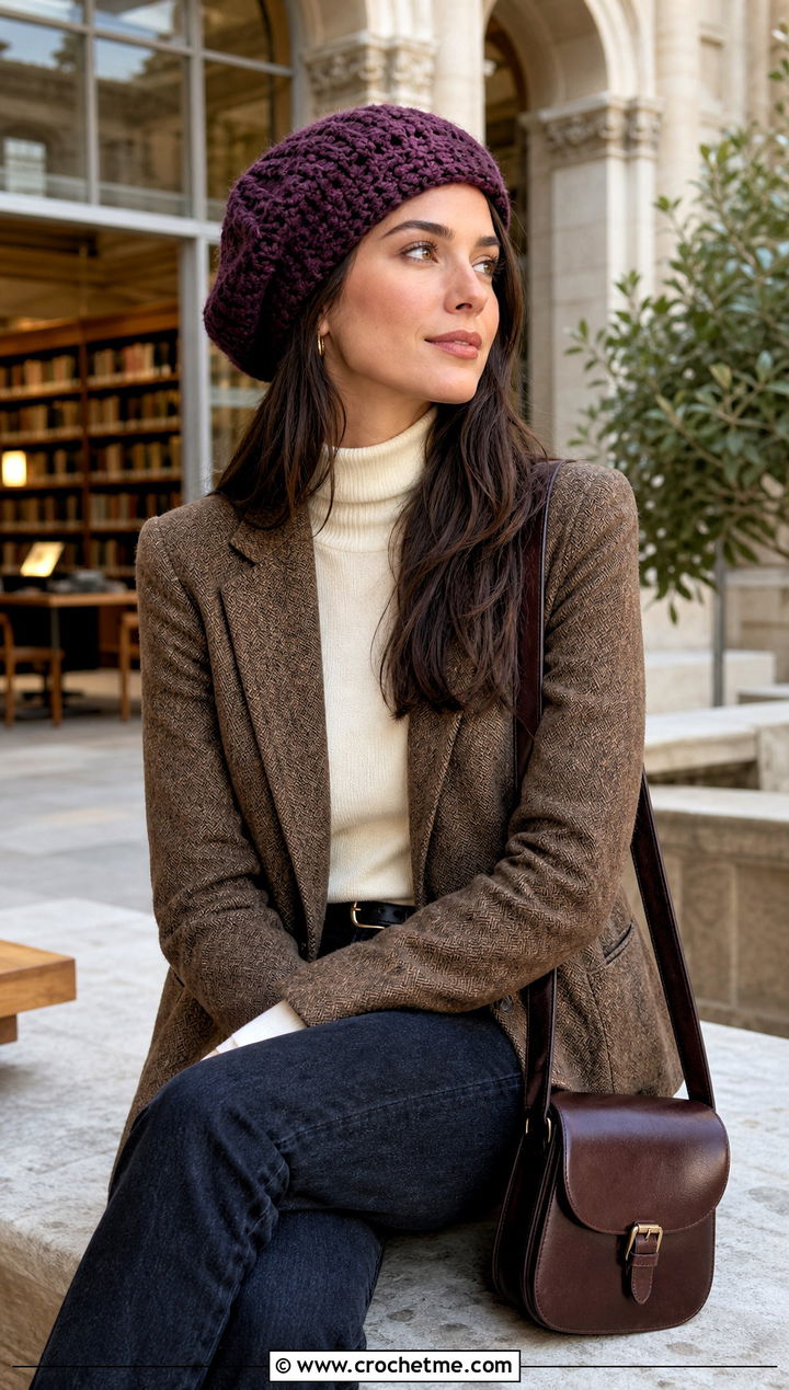 Beret Style Crochet Slouch Beanie With Tweed Blazer - 35 crochet slouch beanie outfit ideas