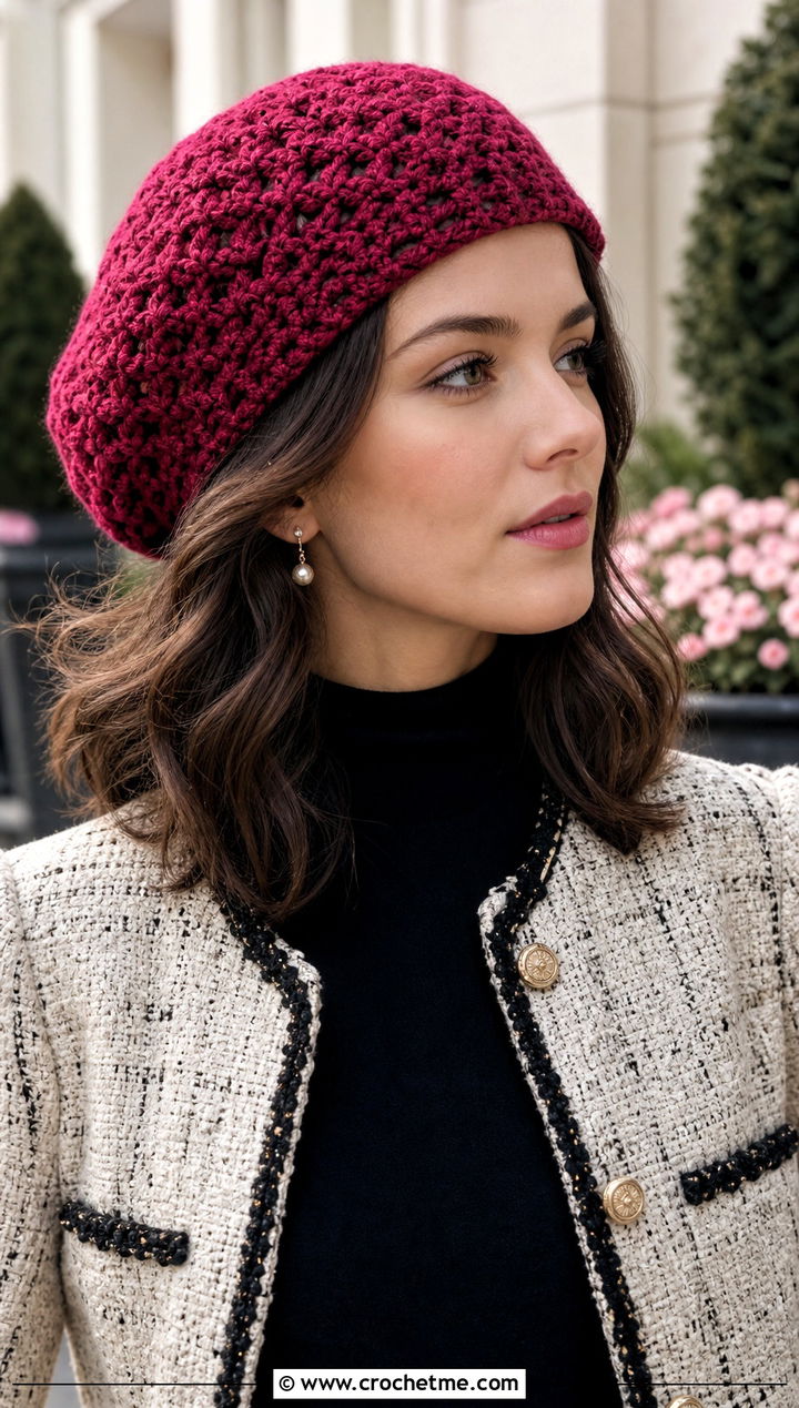 Beret Style Crochet Slouch Hat With Tweed Jacket And Mini Skirt - 25 easy crochet slouch hat outfit ideas