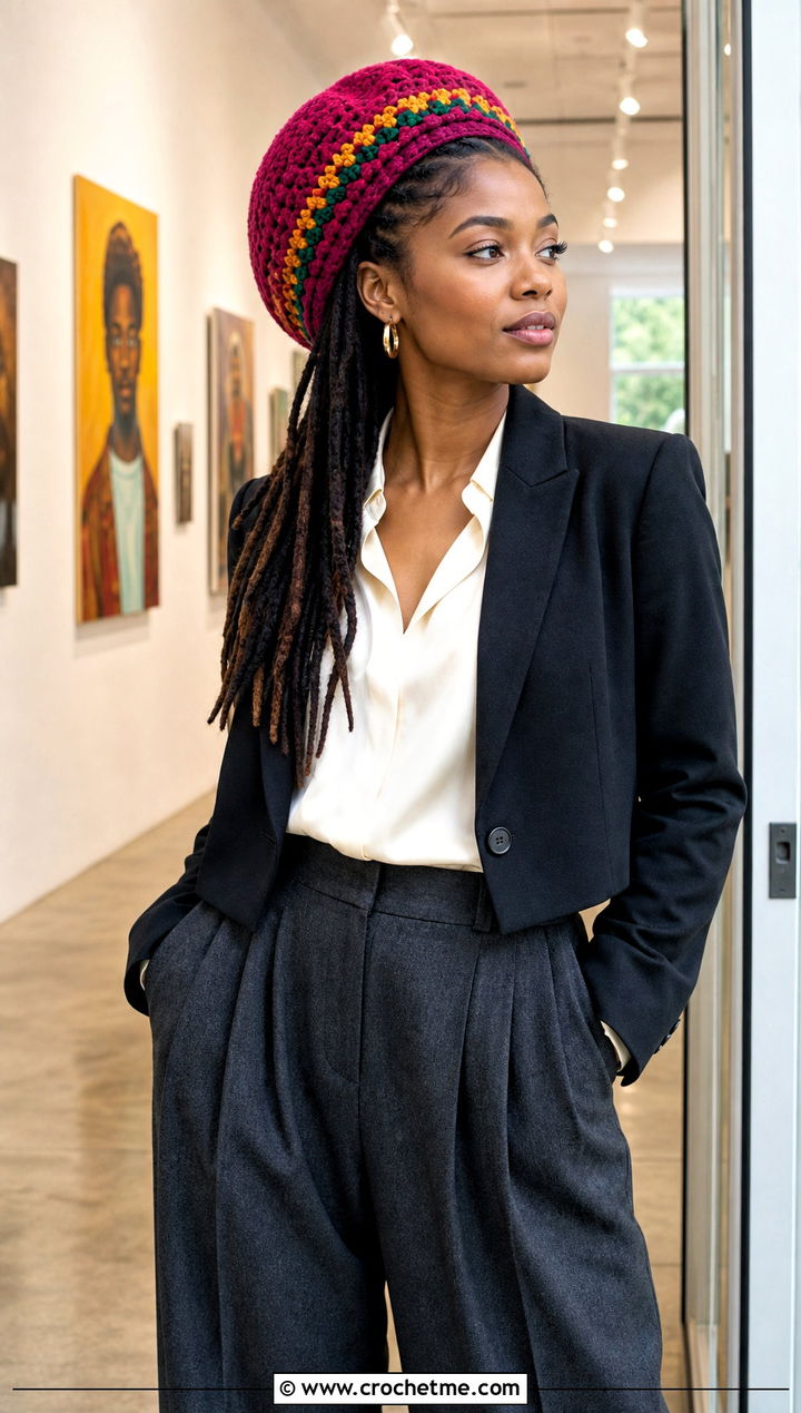 Beret Style Rasta Tam With Pleated Trousers - 25 crochet rasta beanie outfit ideas