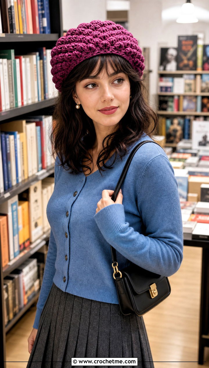 Beret Style Shell Crochet Beanie With Cardigan And Pleated Skirt - 20 shell crochet beanie outfit ideas