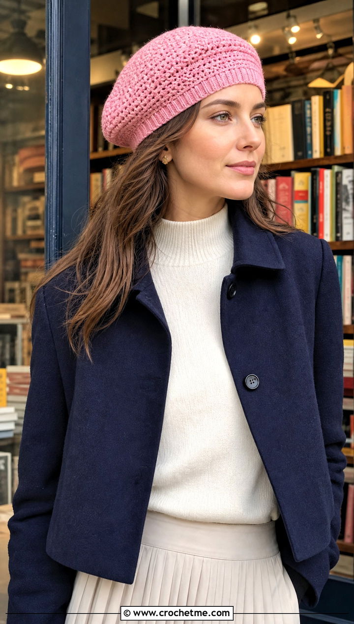 Beret Style Slouch Crochet Hat With Pleated Skirt - 30 slouch crochet hat outfit ideas