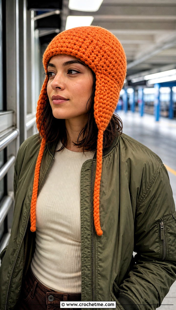 Bernat Blanket Yarn Aviator Hat With Bomber Jacket - 30 bernat blanket yarn crochet hat outfit ideas