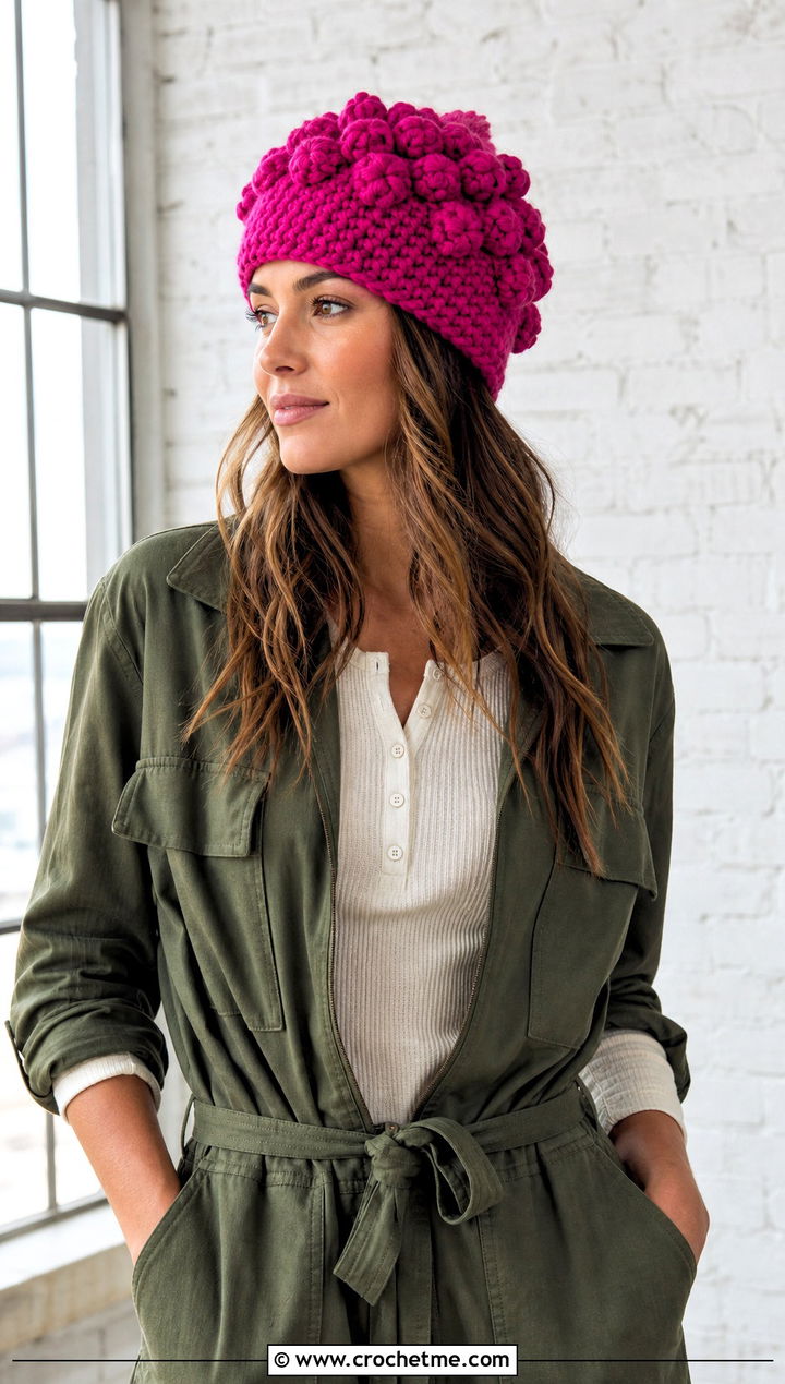 Bernat Blanket Yarn Bobble Stitch Hat With Utility Jumpsuit - 30 bernat blanket yarn crochet hat outfit ideas