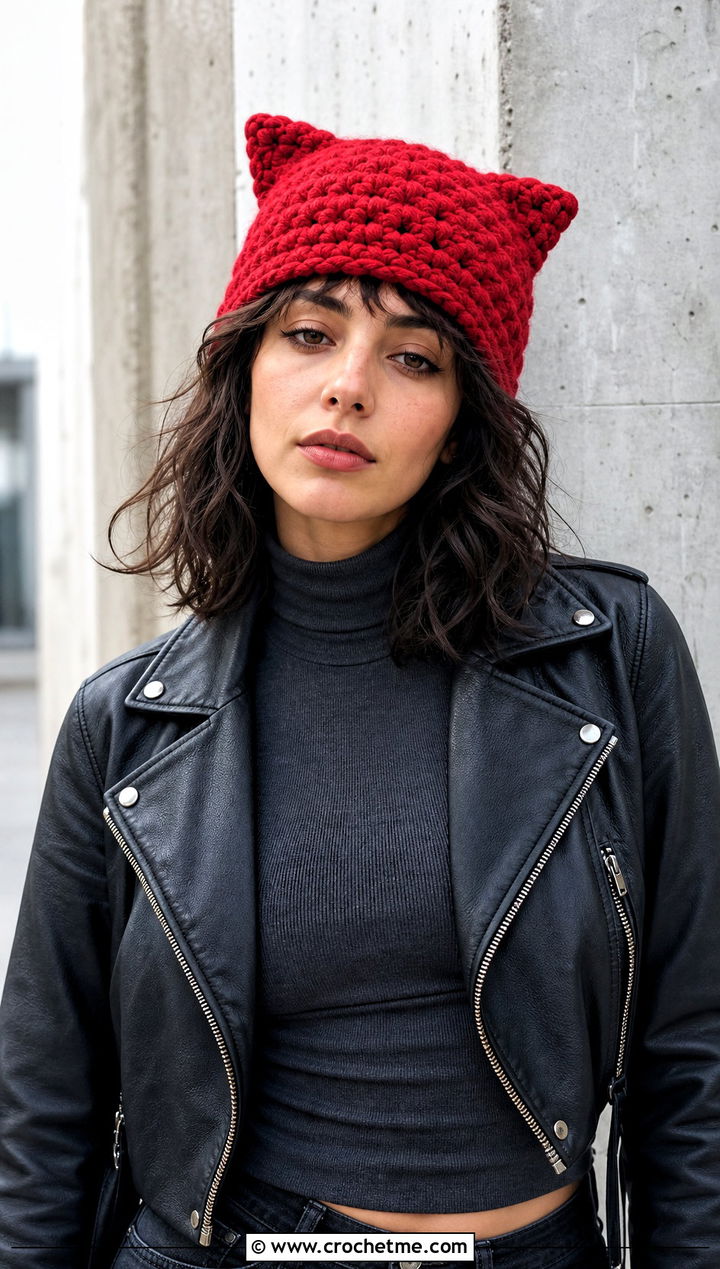 Bernat Blanket Yarn Cat Ear Beanie With Moto Jacket - 30 bernat blanket yarn crochet hat outfit ideas